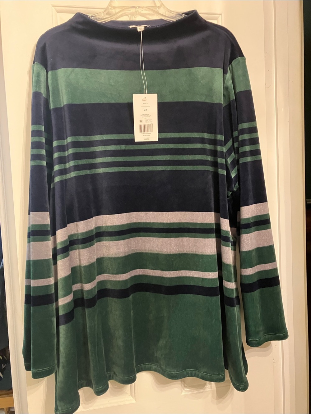 Kim Rogers Navy, Green & Silver Striped Velour Turtleneck Sweater